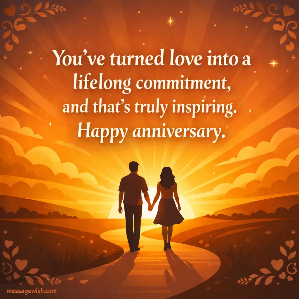 A romantic vector illustration of a couple walking into a glowing sunset, symbolizing lifelong commitment, with an inspirational anniversary message about love and dedication.