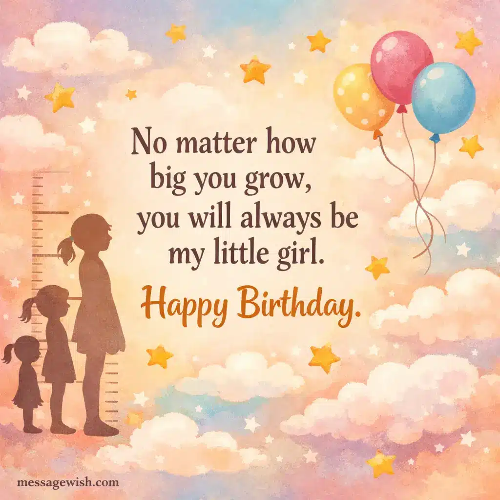 Children's book style birthday artwork with dreamy clouds and growing girl symbolism expressing unconditional love for a daughter who will always remain little.