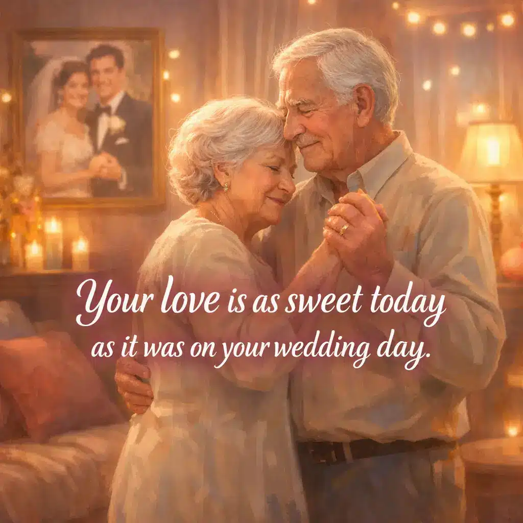 Old couple dancing together in a cozy room showing love that remains sweet after many years of marriage