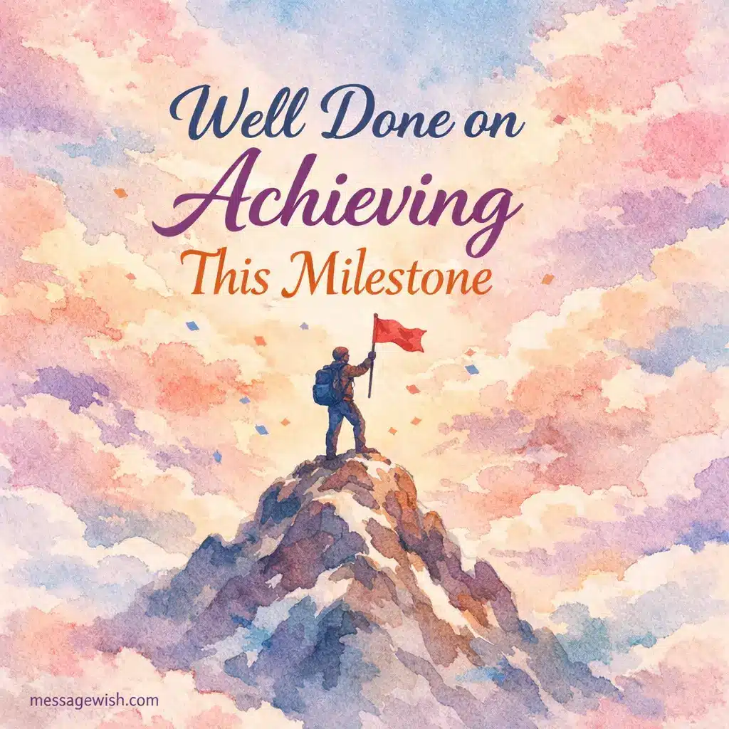 Watercolor style illustration of a symbolic mountain achievement with a congratulatory message about reaching a milestone, perfect for inspirational and success-themed content.