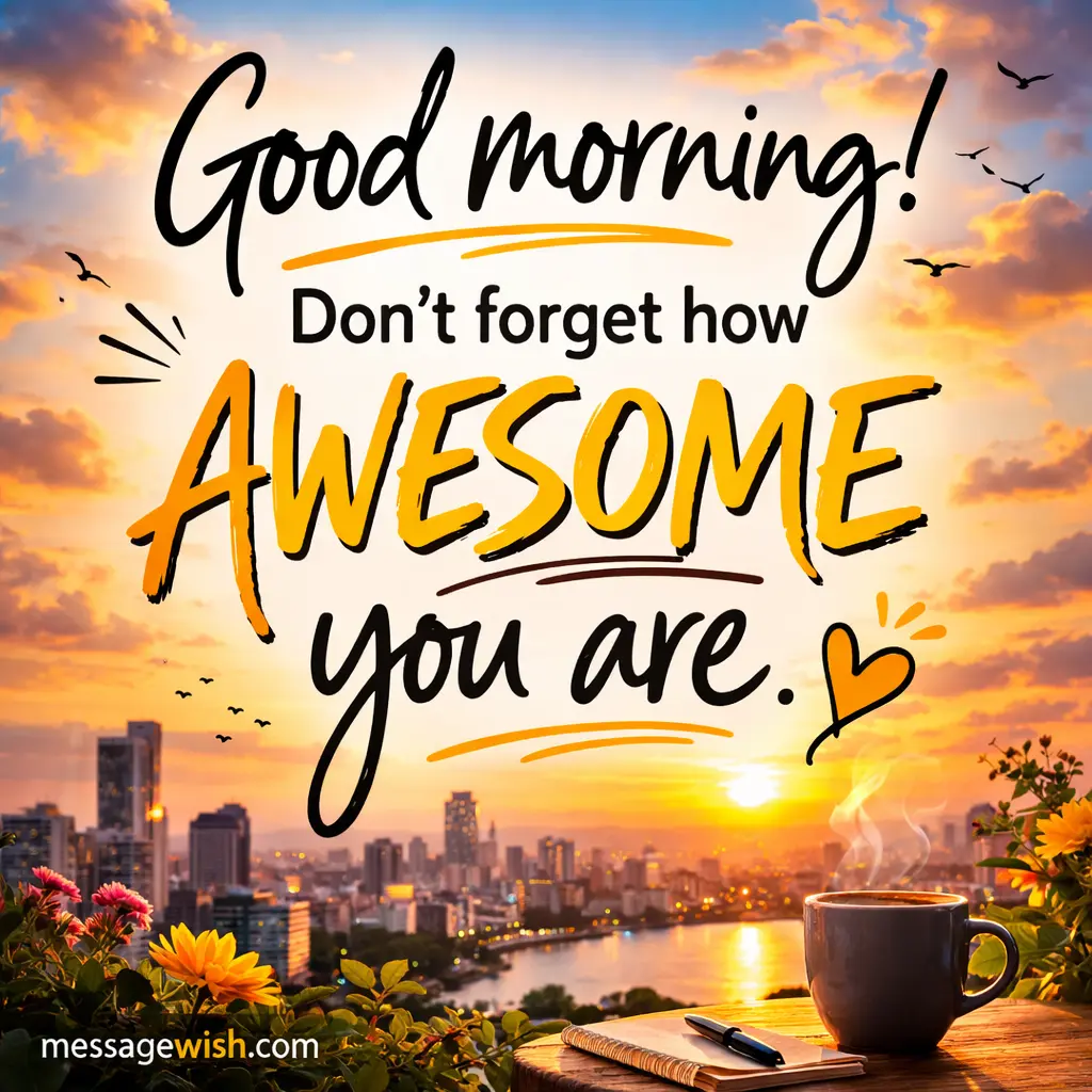 Inspirational good morning quote image with a bright sunrise over a city skyline reminding people not to forget how awesome they are, motivational morning positivity message.