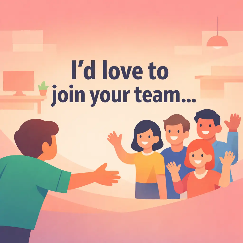 Minimal vector illustration showing a friendly character approaching a welcoming team, representing enthusiasm to join while maintaining polite negotiation tone.