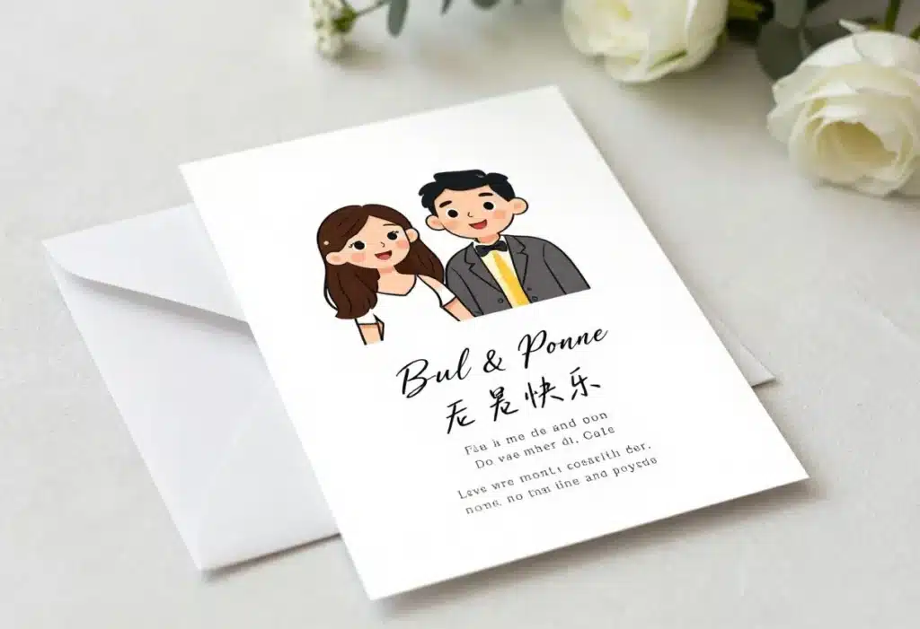 Elegant wedding invitation card with minimal guest wording and floral decorations