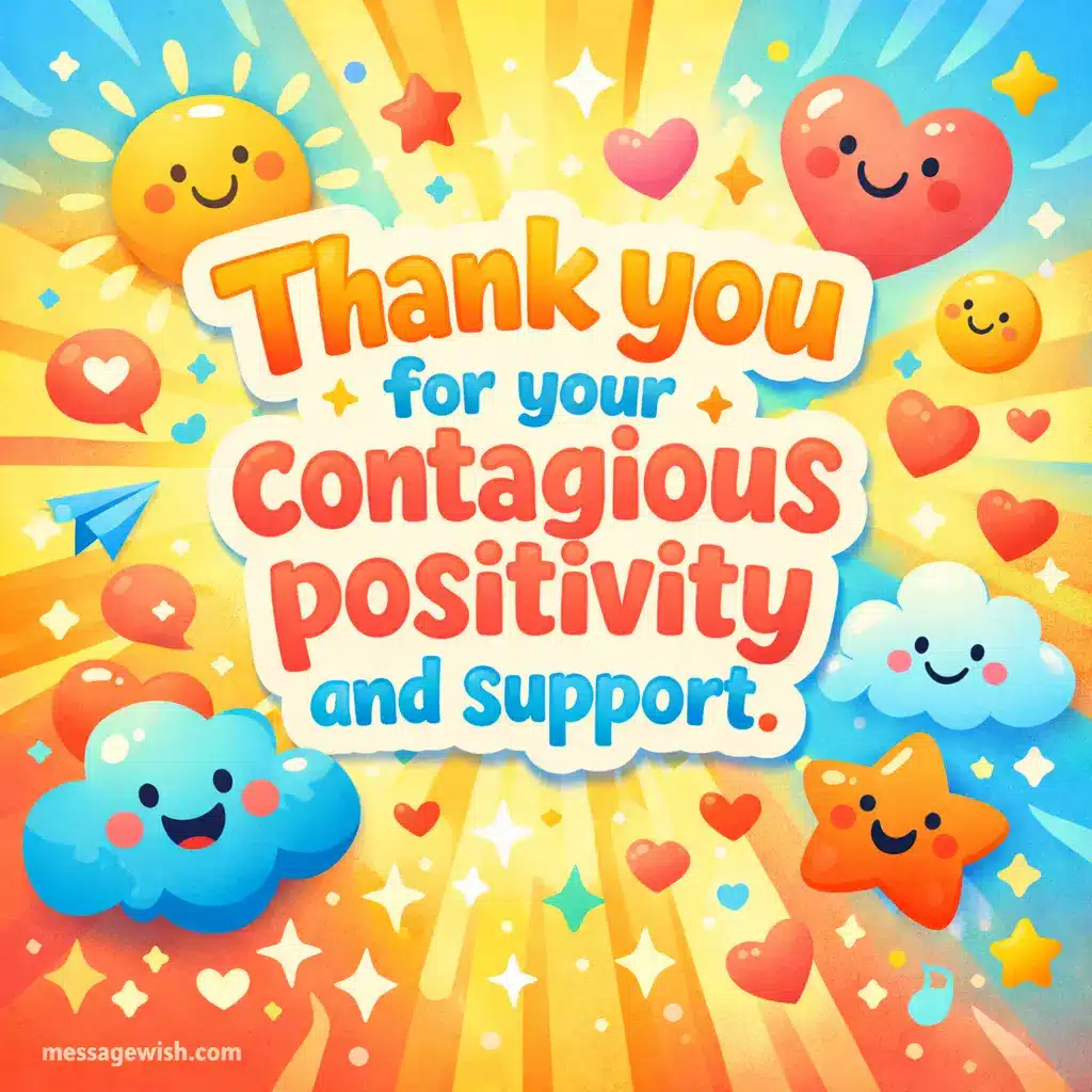 A bright cartoon-inspired artwork showing cheerful abstract shapes spreading positivity with a gratitude quote about support and encouragement.