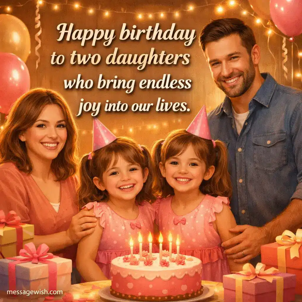 Warm illustrated family birthday celebration showing parents with their twin daughters in a decorated room while the quote expresses love for two daughters who bring endless joy.