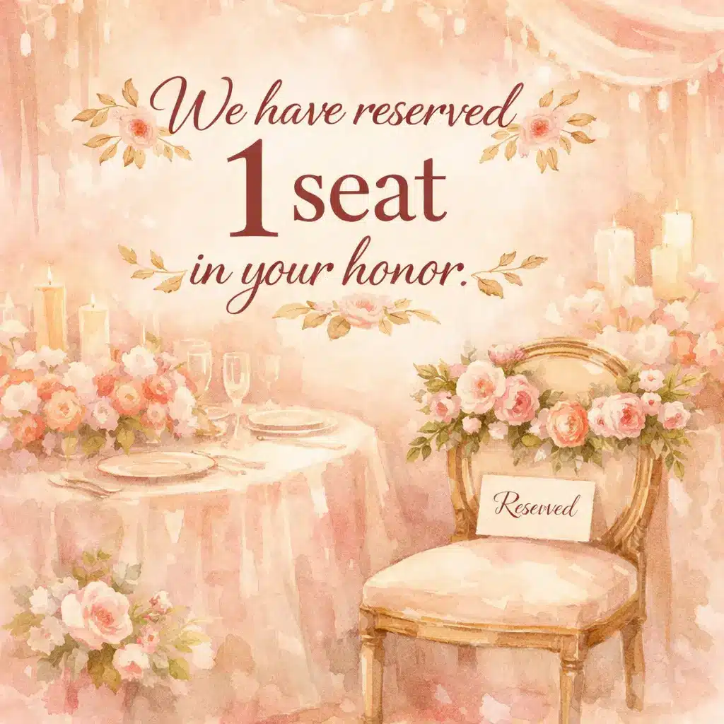 Elegant watercolor wedding table with a single reserved seat highlighting a polite message about one guest invitation, symbolizing exclusivity and appreciation.
