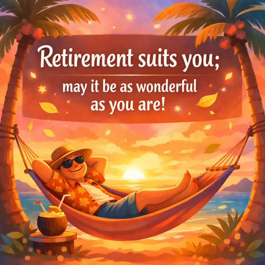 A cheerful illustrated retirement scene with a person relaxing in a hammock, symbolizing happiness and a joyful new chapter in life with a positive retirement message.