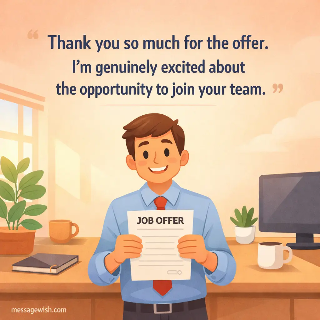Stylized illustration of a professional job offer scene with a candidate expressing appreciation and excitement, featuring a polite salary negotiation quote in bold typography.