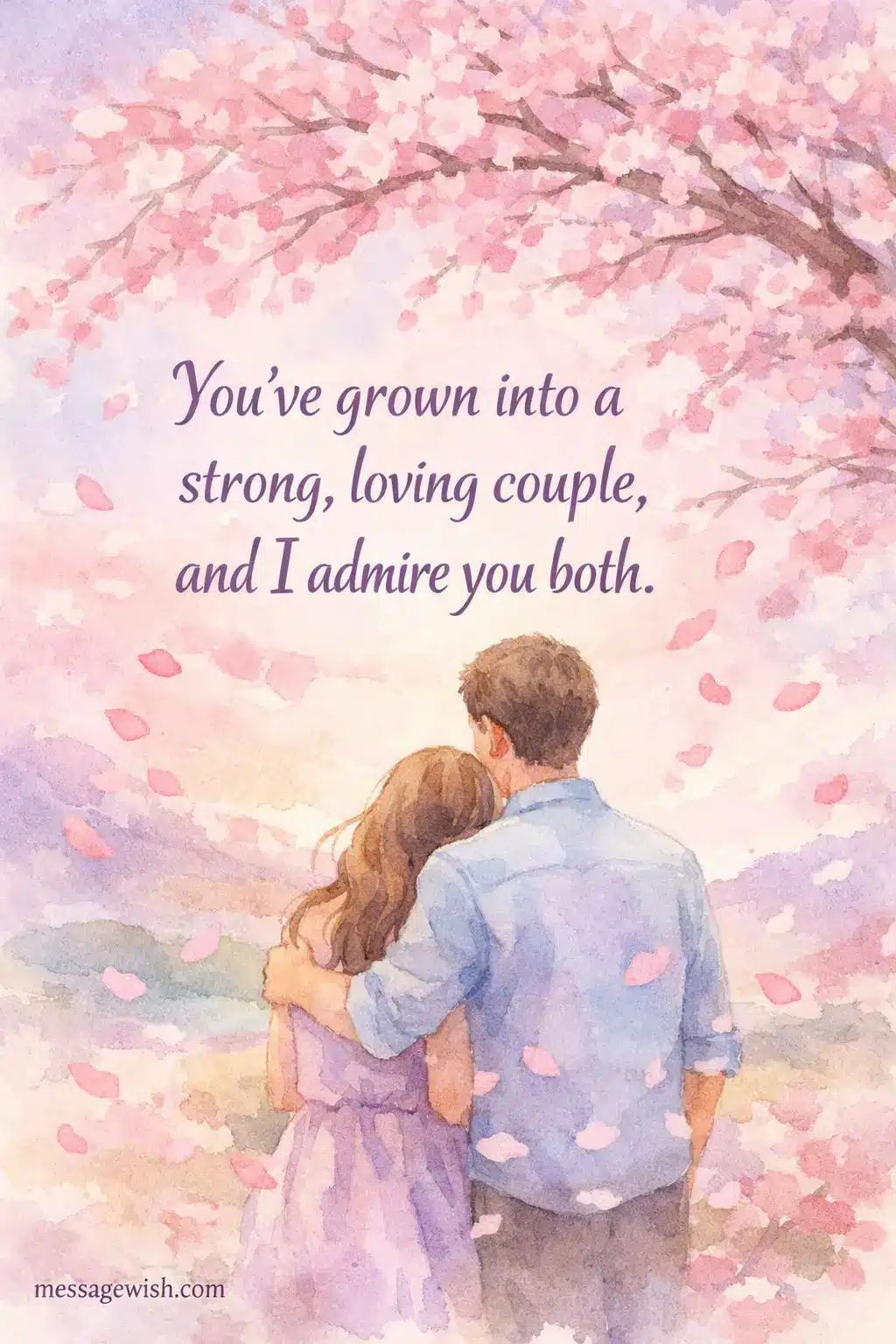 A soft watercolor artwork of a couple under a blooming tree, representing growth and admiration, paired with a heartfelt quote about becoming a strong loving couple.
