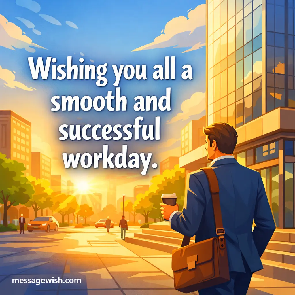 Professional morning motivation image showing a man walking toward work with sunlight and a quote wishing everyone a smooth and successful workday.