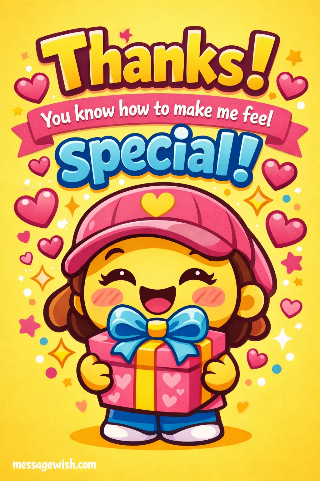 Playful cartoon illustration with gift and hearts showing appreciation and feeling special from a birthday wish