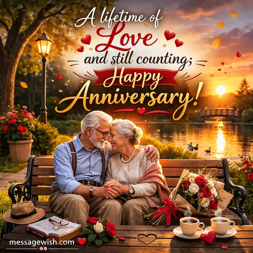 Elderly couple holding hands on a sunset bench representing lifelong love with anniversary quote about a lifetime of love and lasting commitment