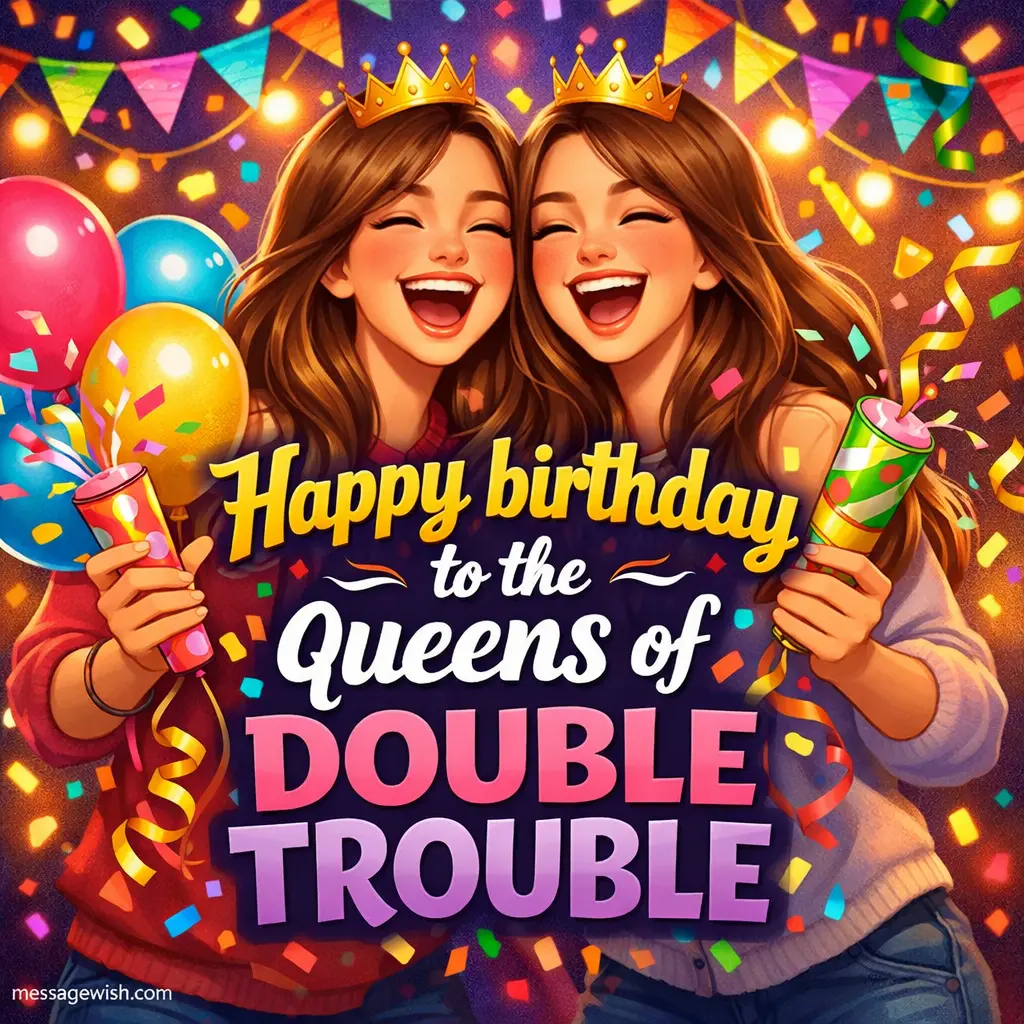 Playful illustrated twin sisters wearing birthday crowns and laughing with balloons and confetti while the quote celebrates them as the queens of double trouble.