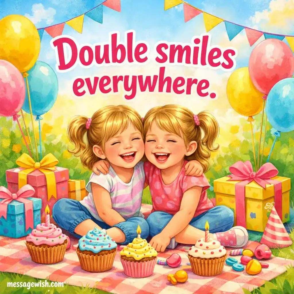 Colorful illustrated picnic-style birthday scene with twin girls smiling together surrounded by cupcakes and gifts highlighting the cheerful quote about double smiles everywhere.