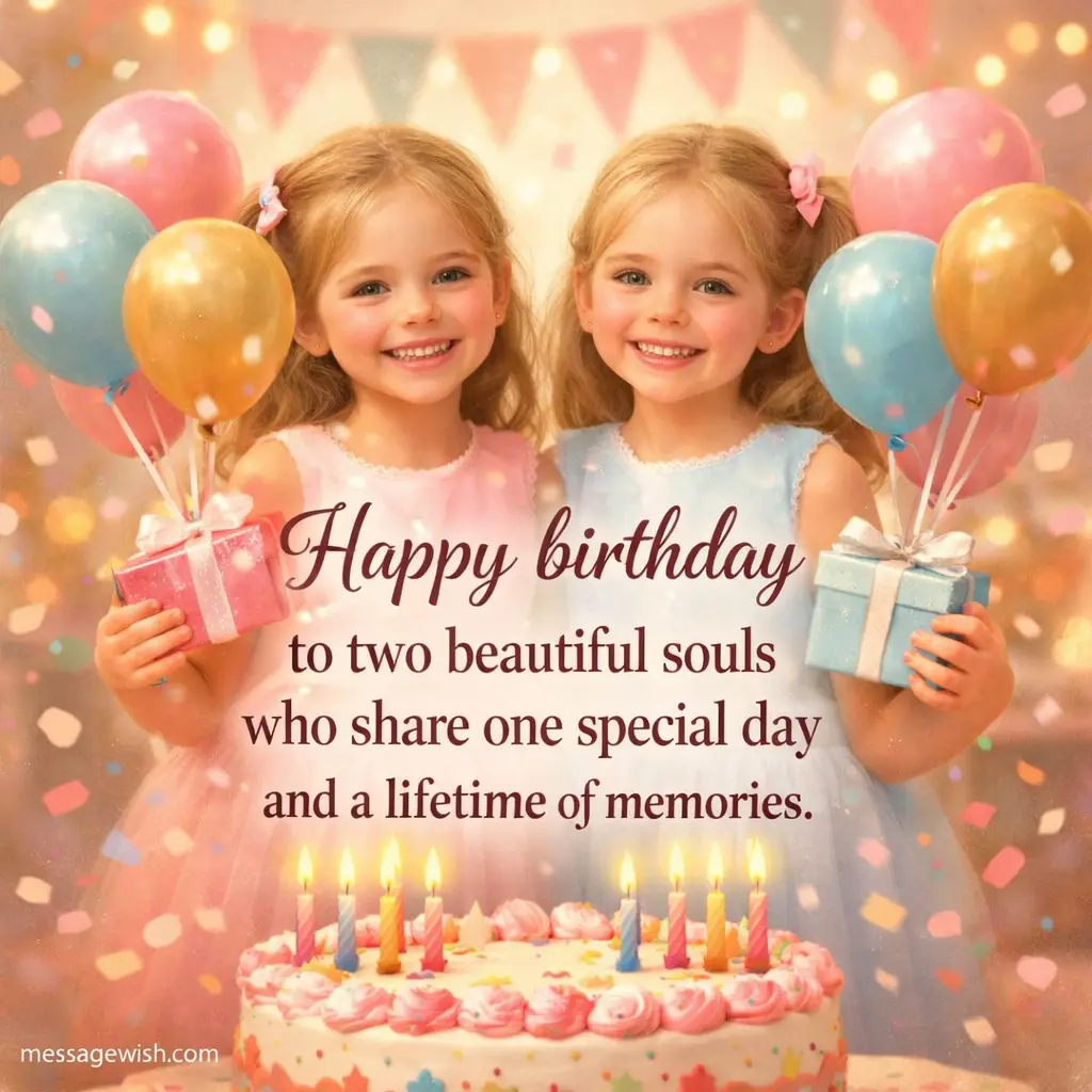 Illustrated birthday scene of twin girls celebrating together beside a cake with balloons and confetti, featuring the quote about two beautiful souls sharing one special birthday and a lifetime of memories.