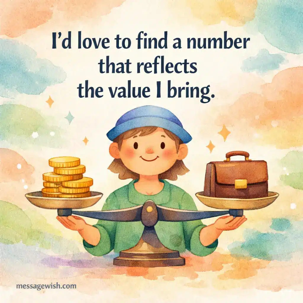 Watercolor-style illustration of scales balancing value and salary symbols, highlighting a professional request for fair compensation with a negotiation quote.