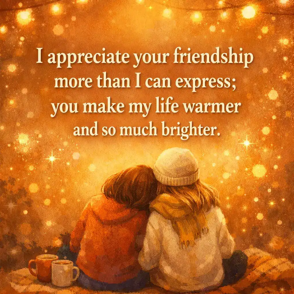A warm illustrated scene of two friends under glowing lights expressing deep appreciation and emotional warmth in friendship.
