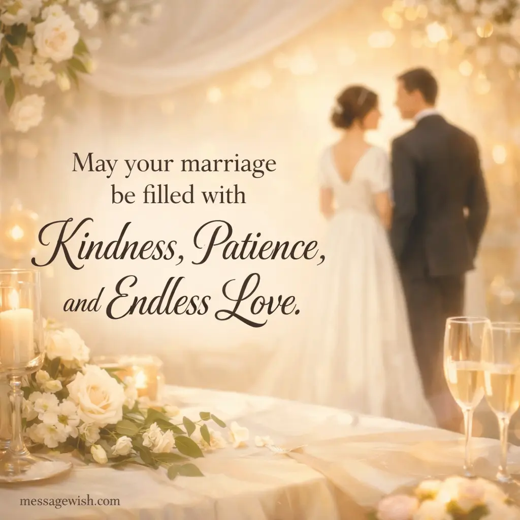 Elegant wedding quote image with floral background and illustrated bride and groom expressing blessings for a marriage filled with kindness patience and endless love.