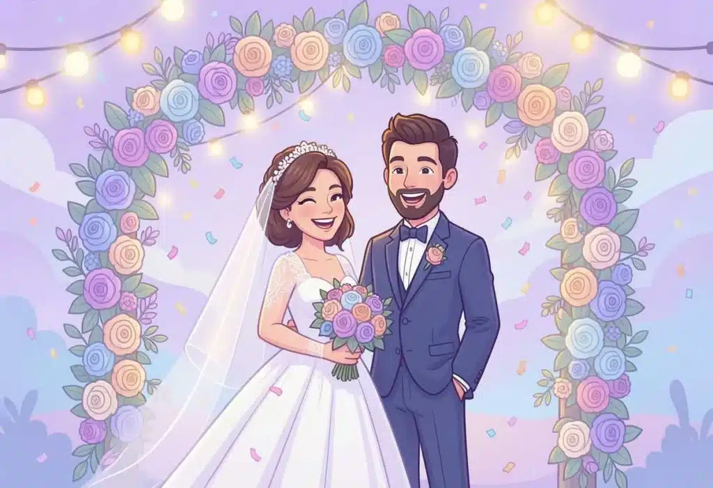 Cartoon bride and groom under a floral wedding arch with confetti representing wedding wishes for a friend’s daughter.