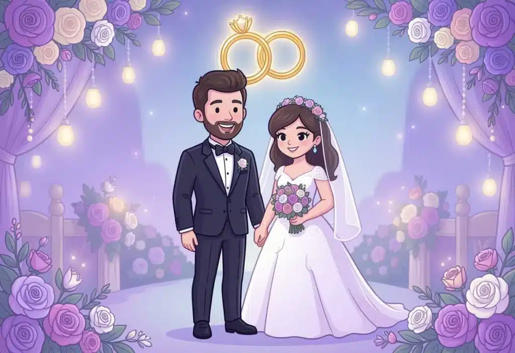 Cartoon groom and bride with wedding rings and flowers representing wedding wishes for a friend’s son.