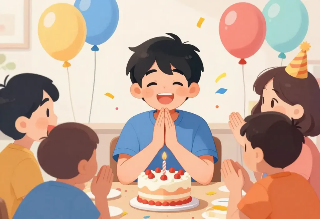 Person smiling and responding to happy birthday wishes at a festive party.