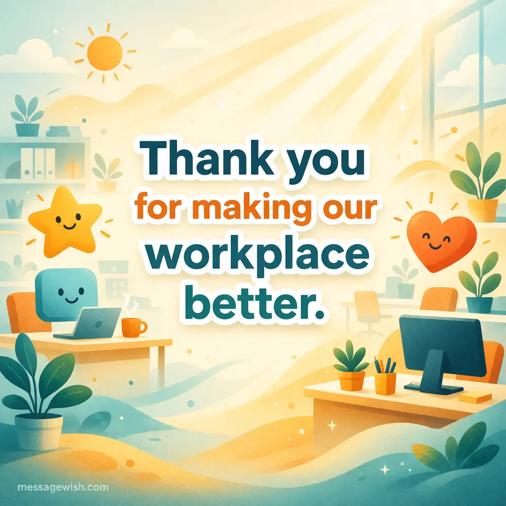 A soft illustrated office scene with uplifting colors displaying a gratitude quote about improving the workplace environment and appreciation for support.