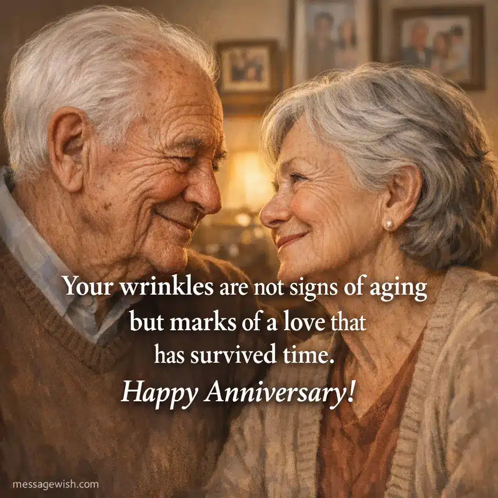 Senior couple with visible wrinkles smiling warmly indoors symbolizing enduring love over time with meaningful anniversary message