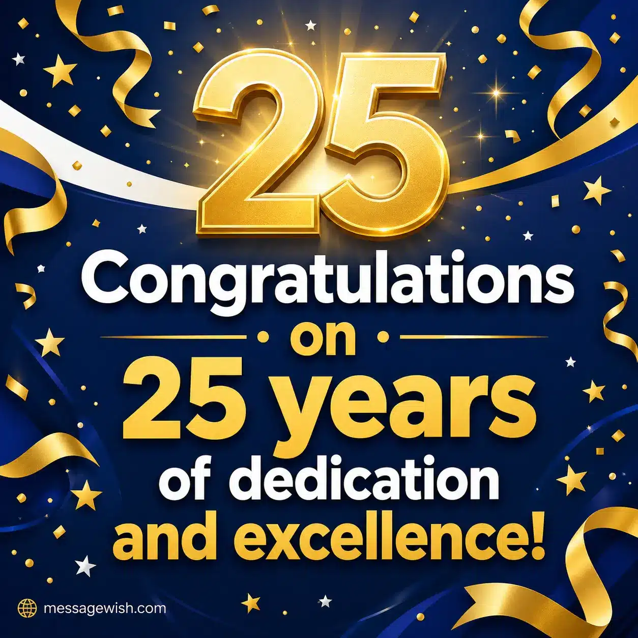 A colorful celebratory illustration with confetti and a glowing 25 highlighting a message about dedication and excellence over 25 years of work.
