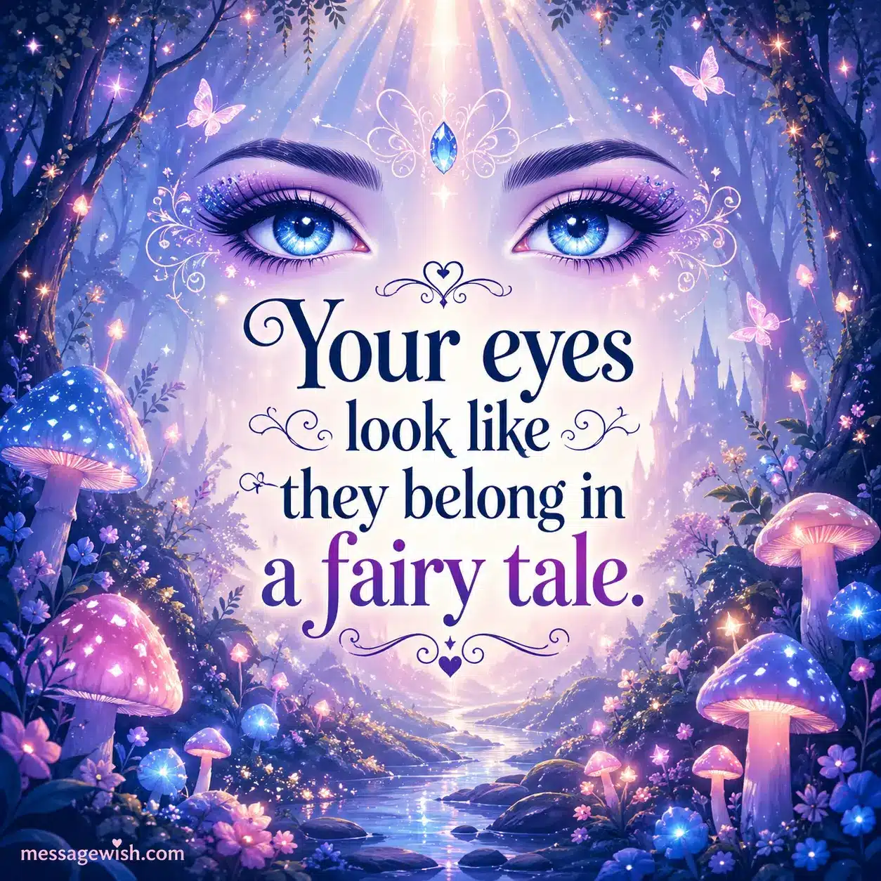 Whimsical fairy tale inspired illustration of magical blue eyes in an enchanted forest expressing admiration for eyes that look like they belong in a fantasy world.