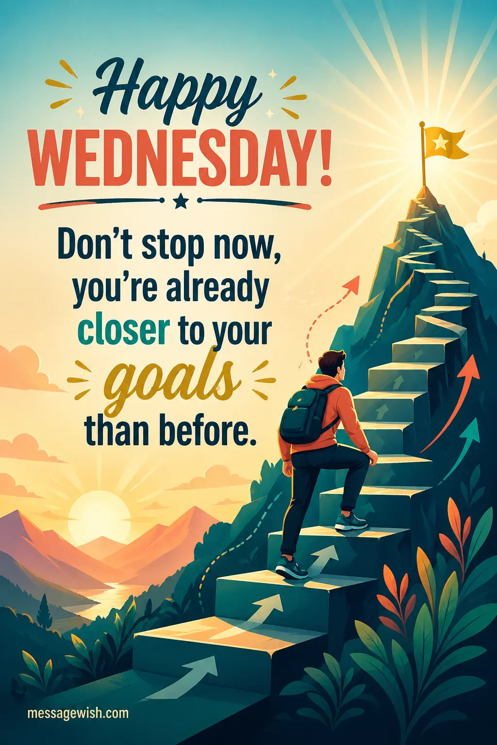 A motivational illustration of progress toward goals with a rising sun, symbolizing determination and encouragement to keep going midweek.