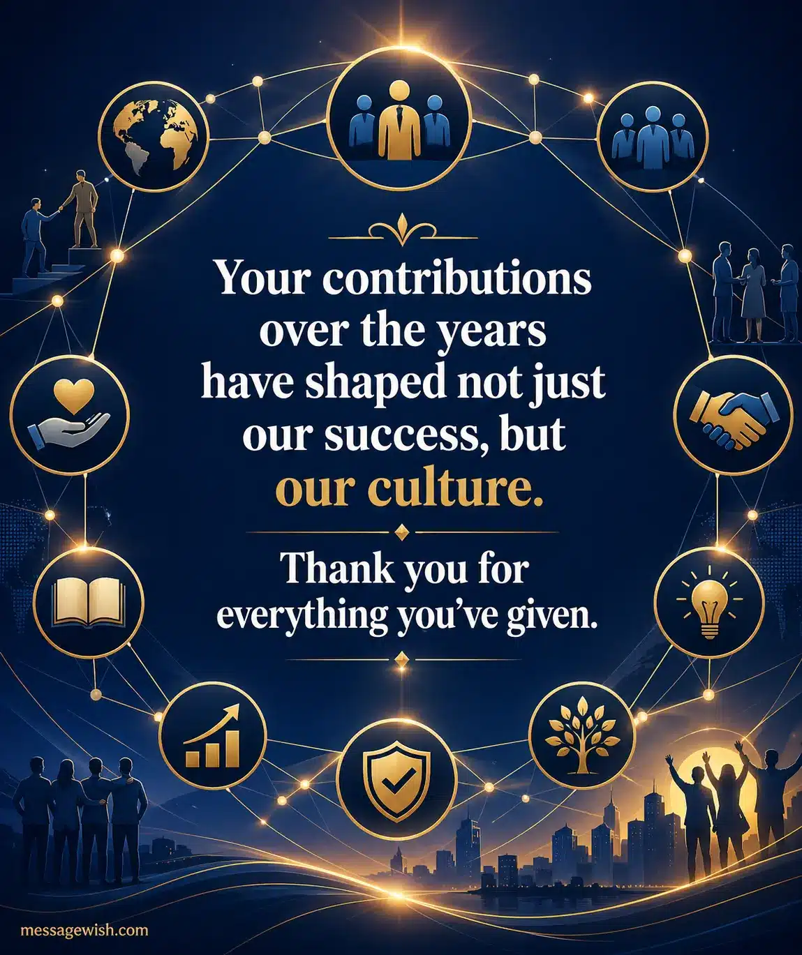 An elegant interconnected design symbolizing long-term contributions shaping company culture and success with a heartfelt thank-you quote.
