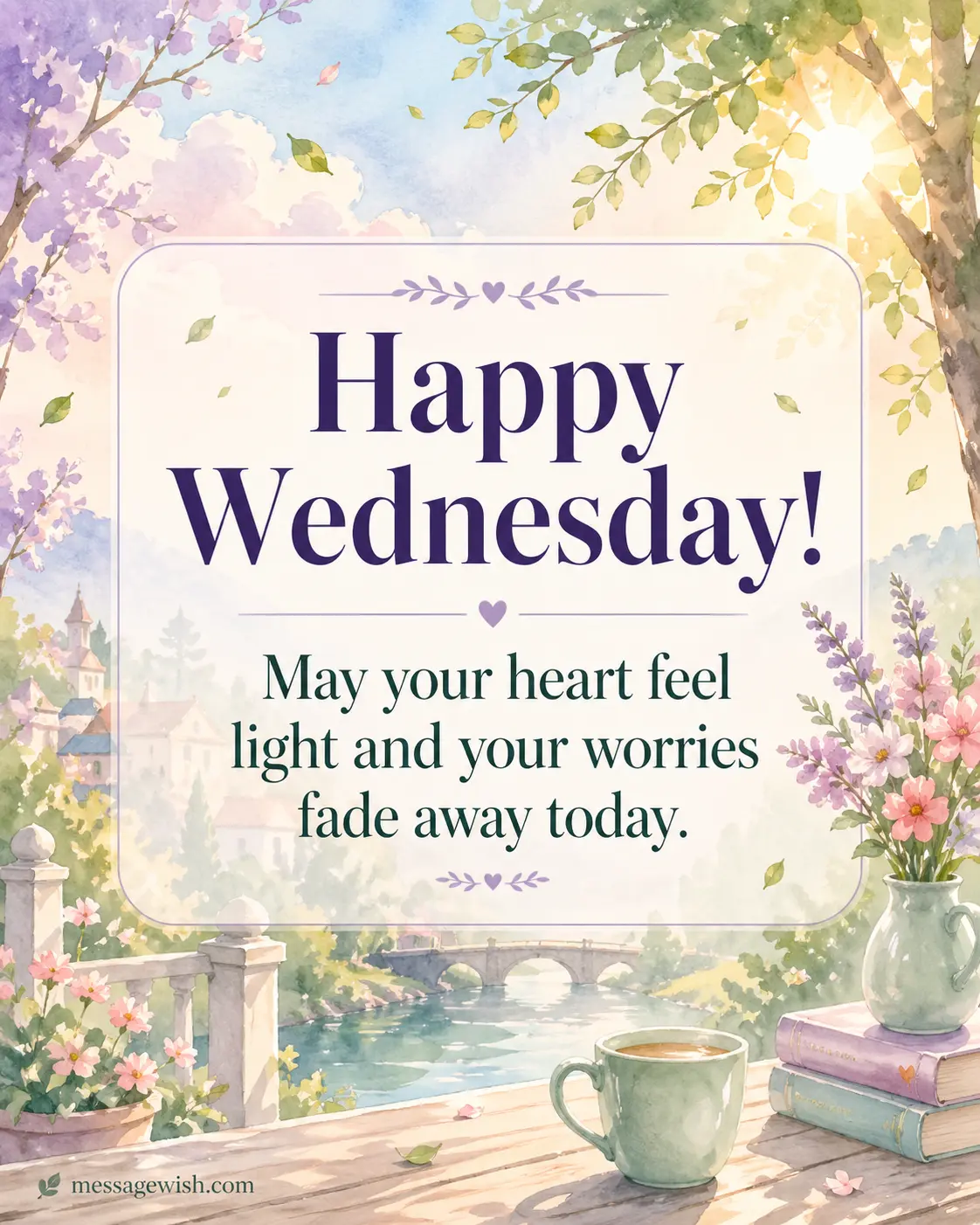 A calming watercolor scene with soft light and peaceful atmosphere, paired with a quote about letting go of worries and feeling light on Wednesday.