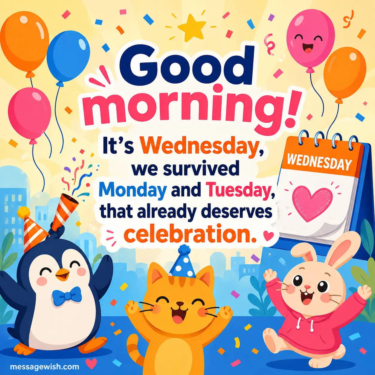 A playful celebration-themed illustration with confetti and cartoon elements expressing joy for making it through the early week days.