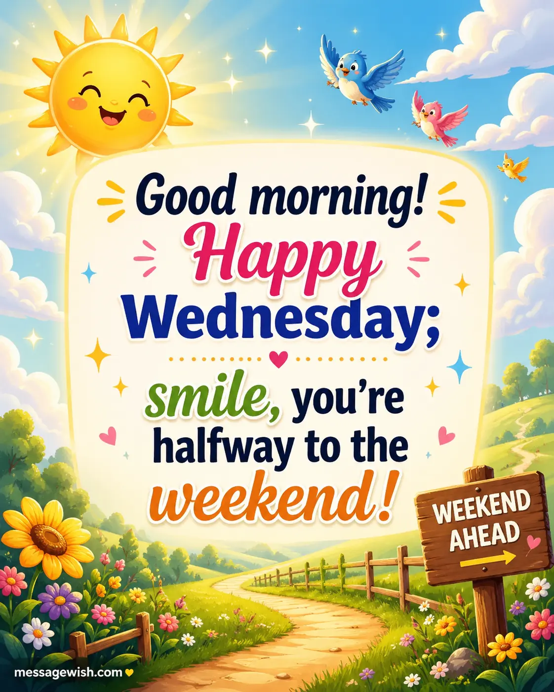 A cheerful illustrated Wednesday morning with a smiling sun and uplifting message about being halfway to the weekend, conveying motivation and positivity.