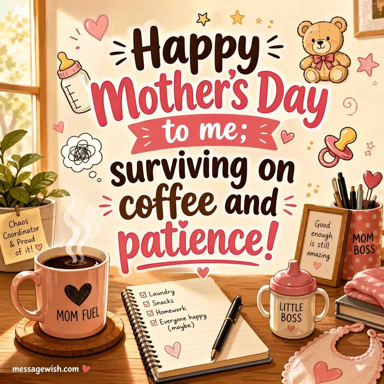 A playful cartoon scene with coffee and cozy elements reflecting motherhood struggles, featuring a humorous Mother's Day self-appreciation quote.
