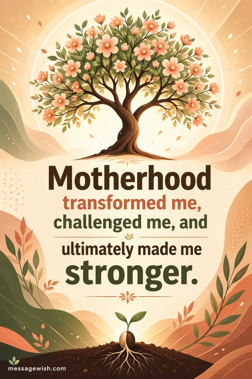 A vector illustration of a growing tree symbolizing transformation and resilience, paired with a quote about how motherhood builds strength.