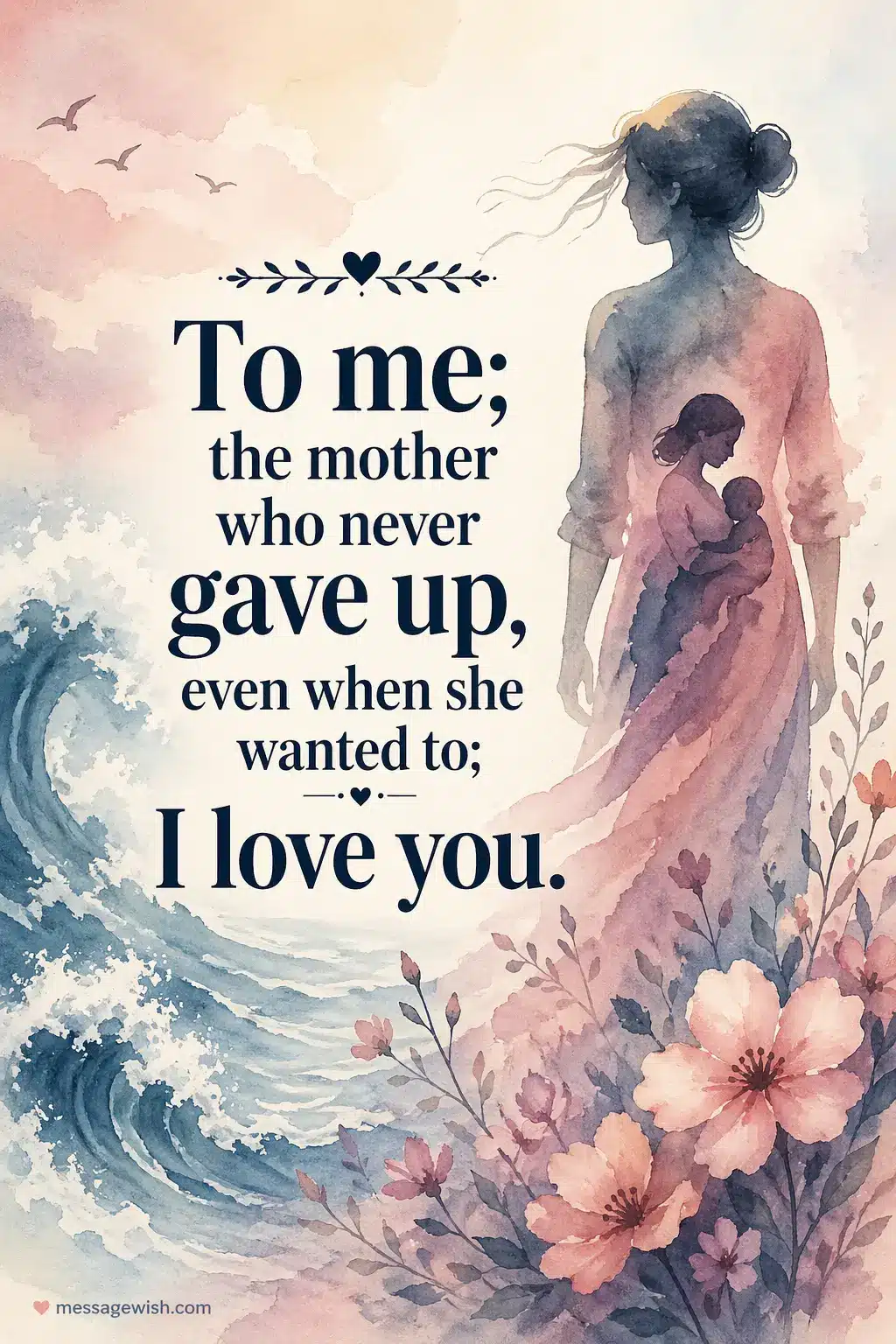 A watercolor-style artistic scene representing perseverance and emotional strength with an empowering self-love message for mothers.