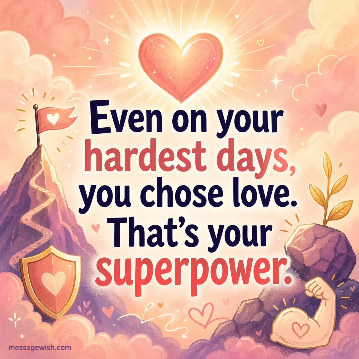 A soft pastel illustration of a glowing heart symbolizing strength and love, featuring a motivational Mother's Day quote about choosing love during hard times.