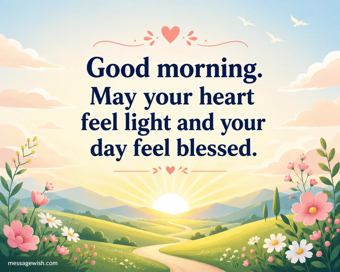 Minimalist vector sunrise landscape with uplifting blessing quote wishing her a light heart and a beautifully blessed morning.