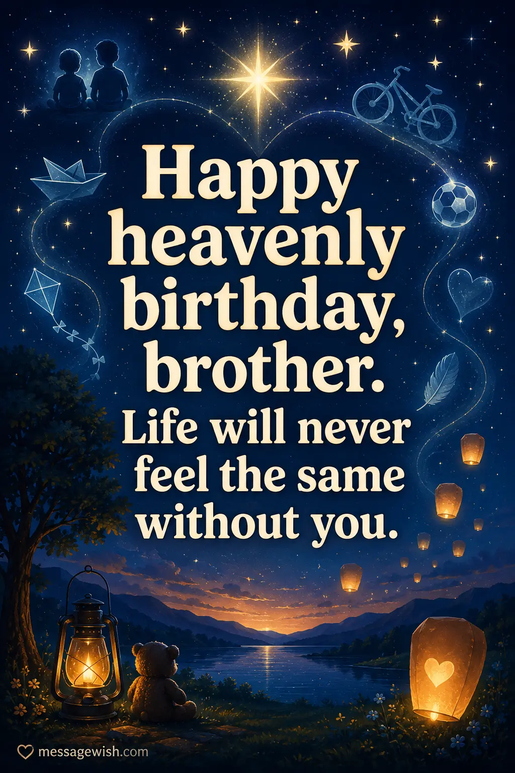 Heartwarming illustrated heavenly birthday quote for a brother featuring glowing stars and comforting nighttime memorial scenery.
