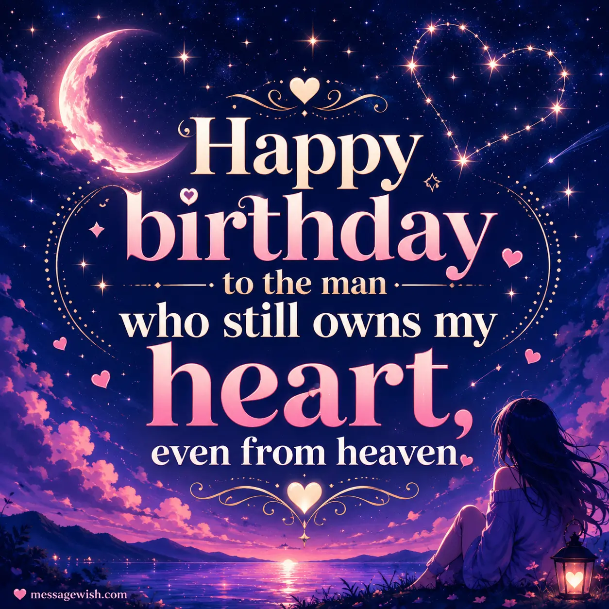 Romantic celestial birthday tribute illustration for a lost loved one in heaven with dreamy stars and heart-shaped constellations.