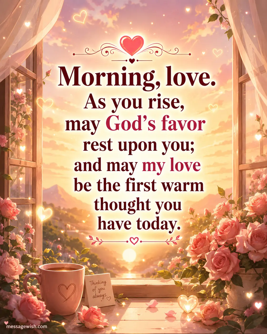 Romantic pastel sunrise window illustration with divine favor and loving morning prayer message designed to inspire warmth and affection.