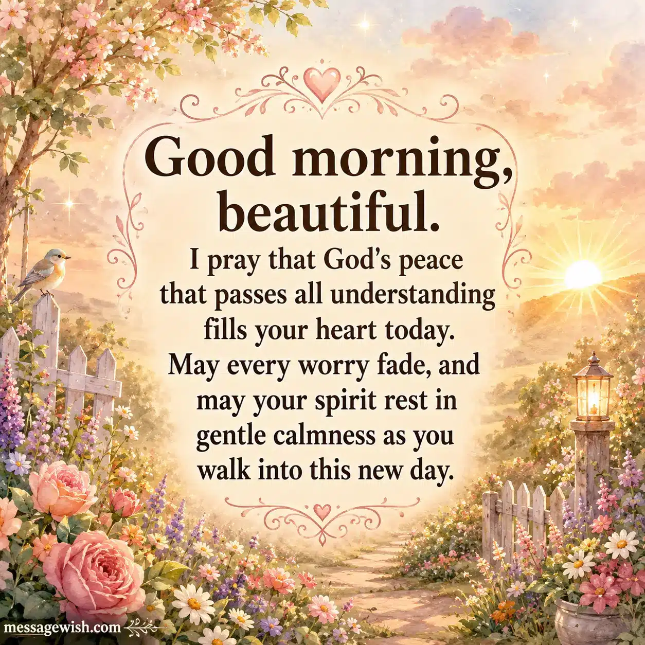 Watercolor sunrise garden illustration featuring a heartfelt good morning prayer for peace, calmness, and God’s comforting presence to brighten her day.
