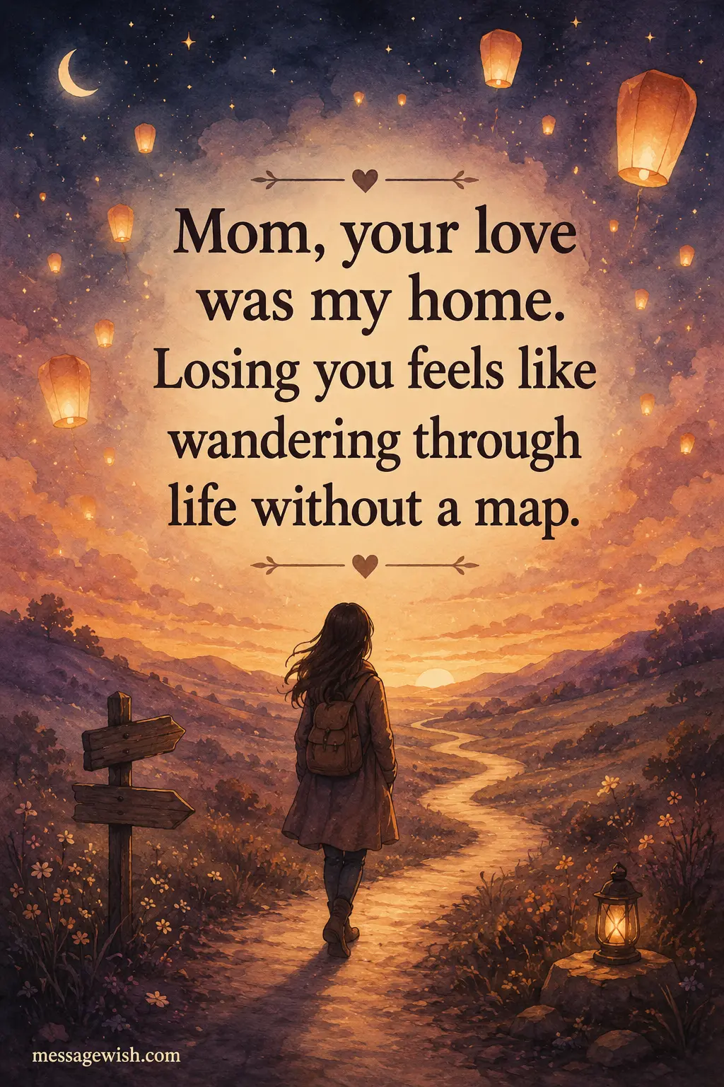 Emotional illustrated grief quote about losing a mother, featuring a lonely journey beneath lanterns and stars in a soft artistic style.