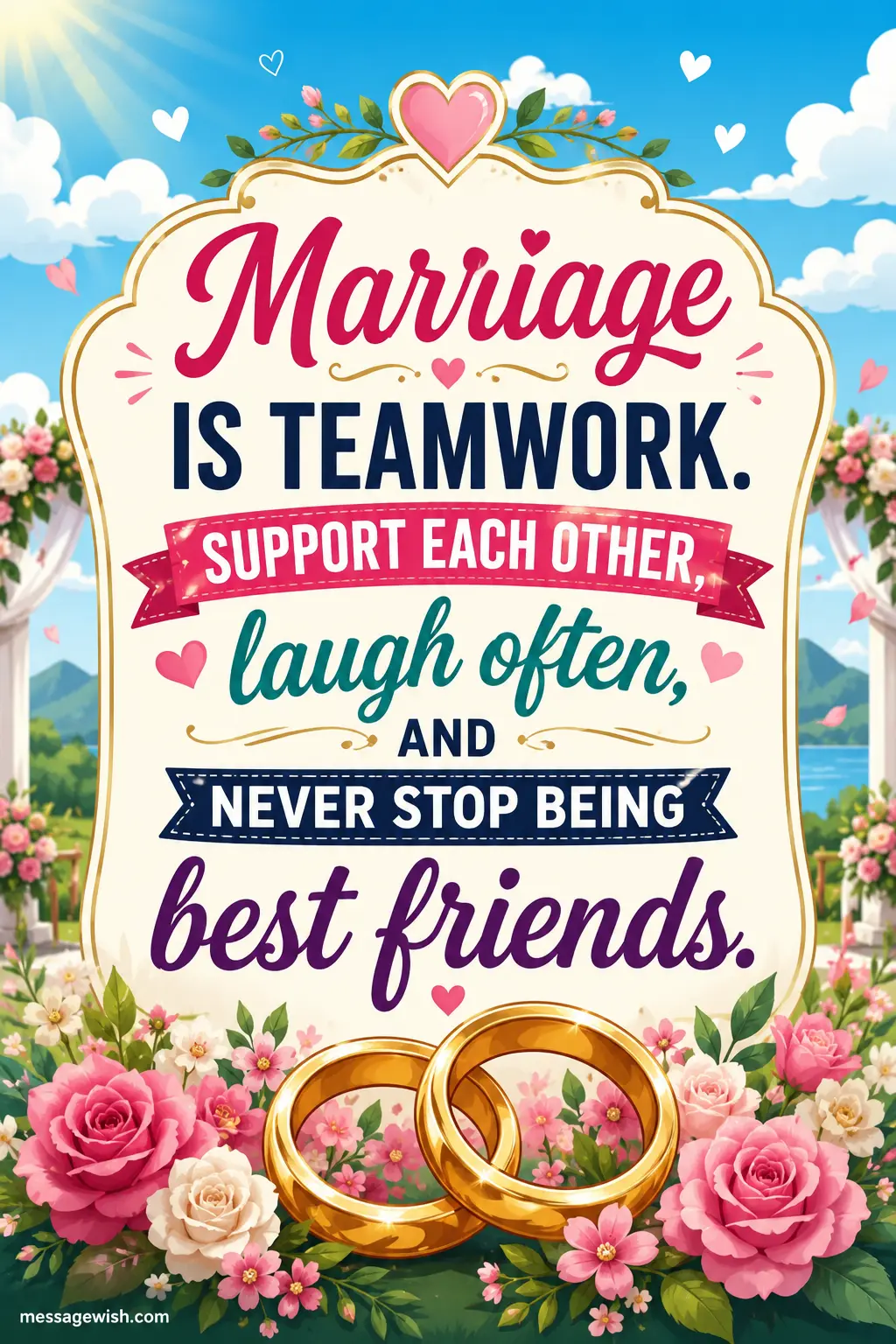Marriage is teamwork. Support each other, laugh often, and never stop being best friends.